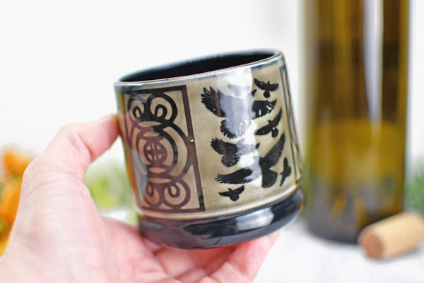 Handmade Raven Bird Cup - Bird Lover Gift, Gothic Ceramic Tumbler, Nature Inspired Pottery for Whiskey or Wine, A Murder of Ravens