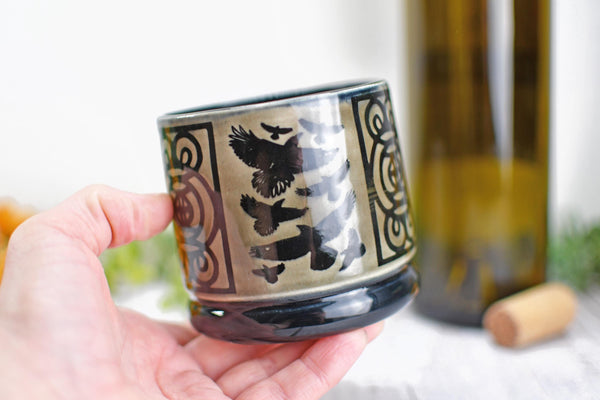 Handmade Raven Bird Cup - Bird Lover Gift, Gothic Ceramic Tumbler, Nature Inspired Pottery for Whiskey or Wine, A Murder of Ravens