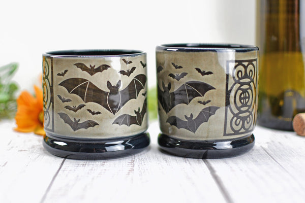 Handmade Bats Cup - Bat Lover Gift, Gothic Ceramic Tumbler, Nature Inspired Pottery for Whiskey or Wine