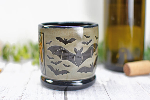 Handmade Bats Cup - Bat Lover Gift, Gothic Ceramic Tumbler, Nature Inspired Pottery for Whiskey or Wine