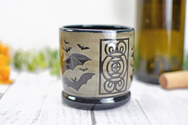 Handmade Bats Cup - Bat Lover Gift, Gothic Ceramic Tumbler, Nature Inspired Pottery for Whiskey or Wine