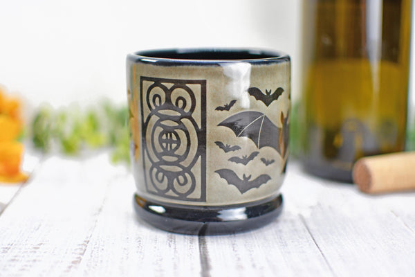Handmade Bats Cup - Bat Lover Gift, Gothic Ceramic Tumbler, Nature Inspired Pottery for Whiskey or Wine