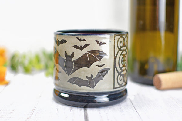Handmade Bats Cup - Bat Lover Gift, Gothic Ceramic Tumbler, Nature Inspired Pottery for Whiskey or Wine