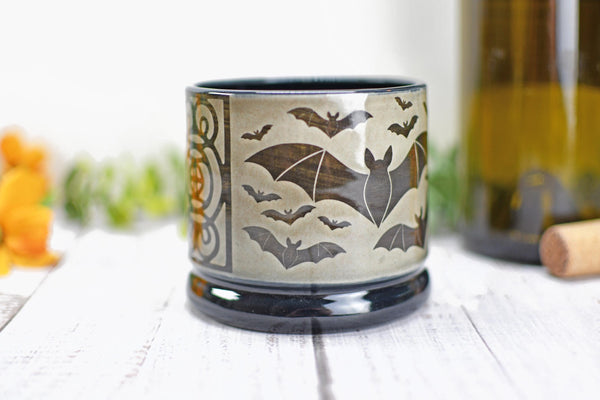 Handmade Bats Cup - Bat Lover Gift, Gothic Ceramic Tumbler, Nature Inspired Pottery for Whiskey or Wine