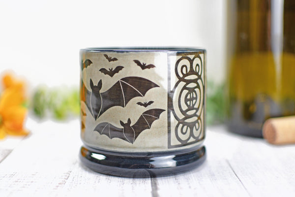 Handmade Bats Cup - Bat Lover Gift, Gothic Ceramic Tumbler, Nature Inspired Pottery for Whiskey or Wine