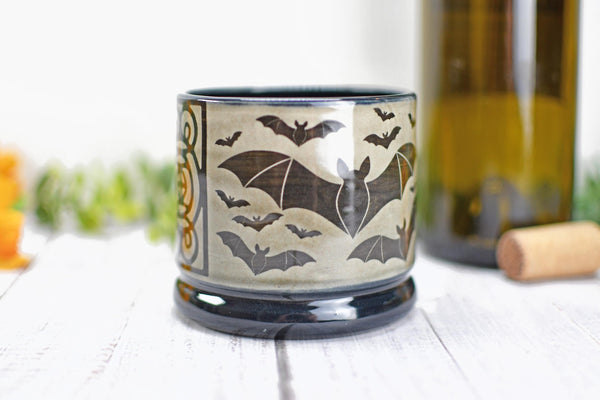 Handmade Bats Cup - Bat Lover Gift, Gothic Ceramic Tumbler, Nature Inspired Pottery for Whiskey or Wine