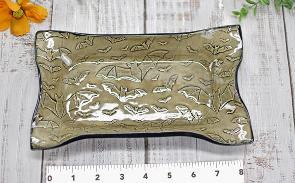 Handmade Bats Scalloped Ceramic Dish, Small Candy Bowl - Bat Lover Gift, Gothic Halloween Stoneware Pottery Catchall, Jewelry & Trinket Dish