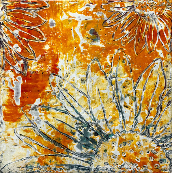 Original Encaustic Painting of Sunflowers, Orange Yellow Art on Wood Cradle Board