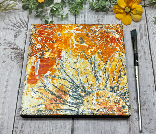 Original Encaustic Painting of Sunflowers, Orange Yellow Art on Wood Cradle Board