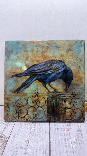 Encaustic Raven Original Painting, Blue Black Brown Mixed Media Art on Wood Cradle Board