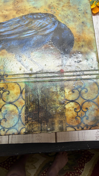 Encaustic Raven Original Painting, Blue Black Brown Mixed Media Art on Wood Cradle Board