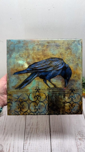 Encaustic Raven Original Painting, Blue Black Brown Mixed Media Art on Wood Cradle Board
