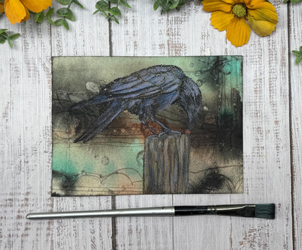 Original Painting Raven, Watercolor Original Artwork, Mixed Media Small art with Raven Bird, Black and Blue Art on Paper, Bird Lover Gift