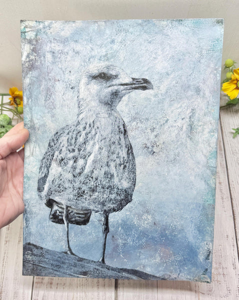 Original Painting Sea Gull Bird Artwork, Mixed Media art with Ocean Bird, Black, Gray, White, and Blue Art on Paper, Bird Lover Gift