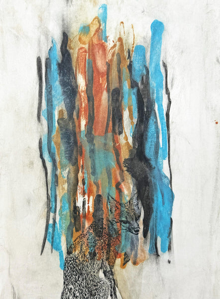 Original Painting Gray Fox Artwork, Mixed Media Art on Paper, Gray Fox Sitting