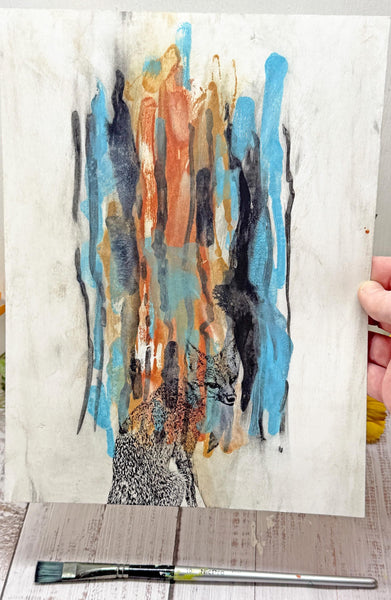 Original Painting Gray Fox Artwork, Mixed Media Art on Paper, Gray Fox Sitting