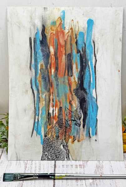 Original Painting Gray Fox Artwork, Mixed Media Art on Paper, Gray Fox Sitting