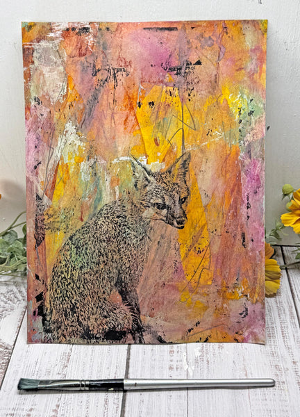 Original Fox Painting Artwork, Pink Orange Black Mixed Media Art on Paper, Gray Fox Sitting