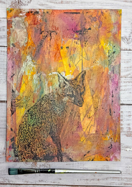 Original Fox Painting Artwork, Pink Orange Black Mixed Media Art on Paper, Gray Fox Sitting