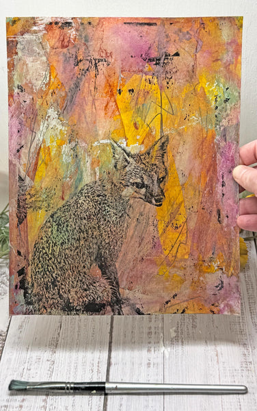 Original Fox Painting Artwork, Pink Orange Black Mixed Media Art on Paper, Gray Fox Sitting