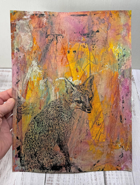 Original Fox Painting Artwork, Pink Orange Black Mixed Media Art on Paper, Gray Fox Sitting