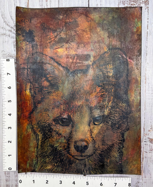 Original Fox Painting Artwork, Brown Sienna Rust, Dark Black Mixed Media Art on Paper, Gray Fox Face