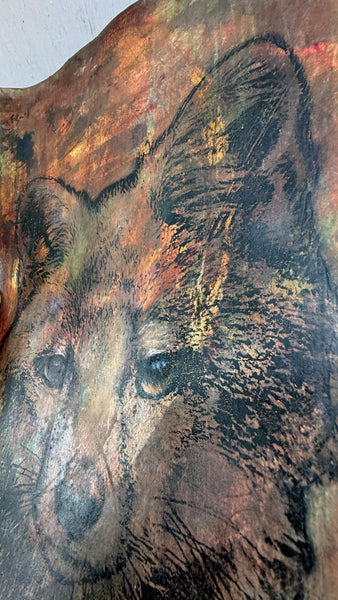 Original Fox Painting Artwork, Brown Sienna Rust, Dark Black Mixed Media Art on Paper, Gray Fox Face
