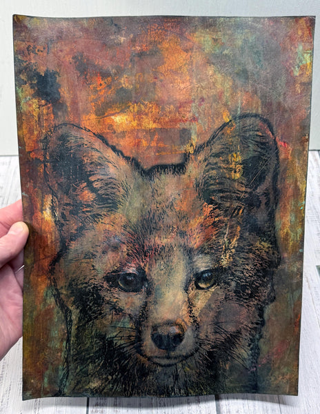 Original Fox Painting Artwork, Brown Sienna Rust, Dark Black Mixed Media Art on Paper, Gray Fox Face