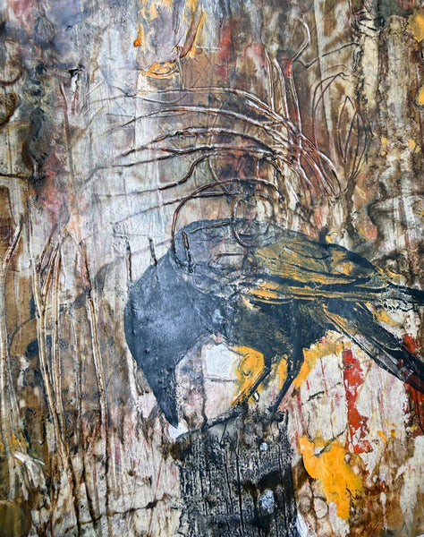 Original Painting Raven, Encaustic Original Artwork, Mixed Media art with Raven Bird, Black, Brown, and Yellow Art on Paper, Bird Lover Gift