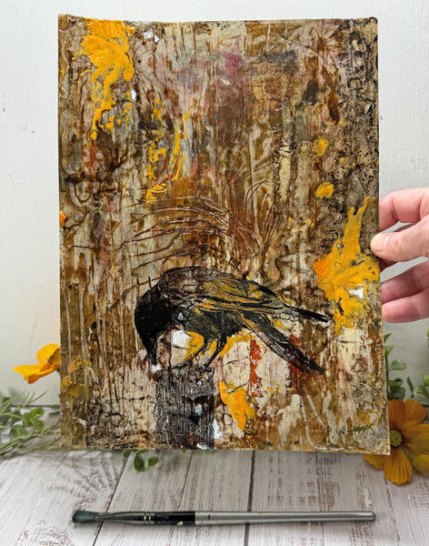 Original Painting Raven, Encaustic Original Artwork, Mixed Media art with Raven Bird, Black, Brown, and Yellow Art on Paper, Bird Lover Gift