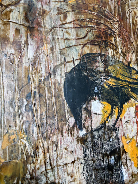 Original Painting Raven, Encaustic Original Artwork, Mixed Media art with Raven Bird, Black, Brown, and Yellow Art on Paper, Bird Lover Gift