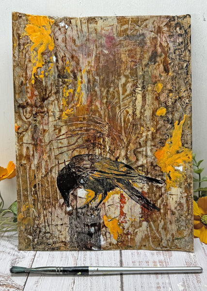 Original Painting Raven, Encaustic Original Artwork, Mixed Media art with Raven Bird, Black, Brown, and Yellow Art on Paper, Bird Lover Gift