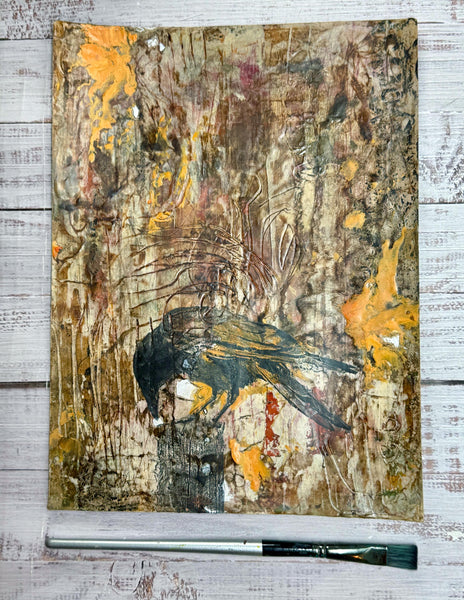 Original Painting Raven, Encaustic Original Artwork, Mixed Media art with Raven Bird, Black, Brown, and Yellow Art on Paper, Bird Lover Gift