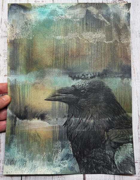 Original Painting Raven, Original Mixed Media Artwork, Raven Bird, Black, Blue, and Gray Art on Paper, Bird Lover Gift