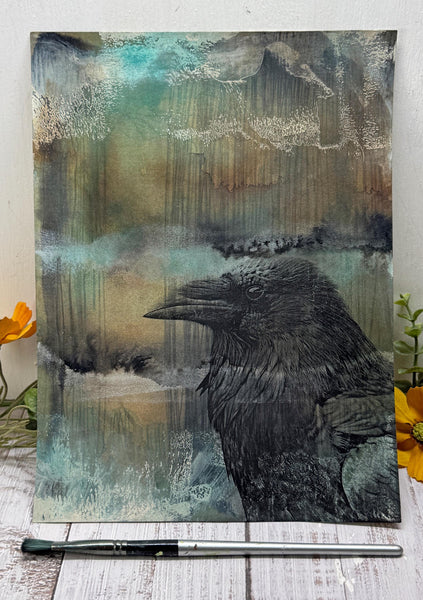 Original Painting Raven, Original Mixed Media Artwork, Raven Bird, Black, Blue, and Gray Art on Paper, Bird Lover Gift