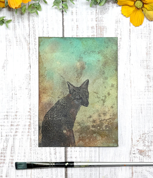 Original Fox Painting Artwork, Mixed Media Art on Paper, Gray Fox Sitting on Turquoise, Brown, Black