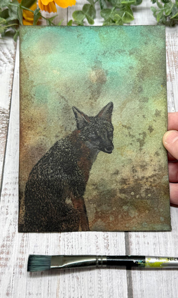 Original Fox Painting Artwork, Mixed Media Art on Paper, Gray Fox Sitting on Turquoise, Brown, Black