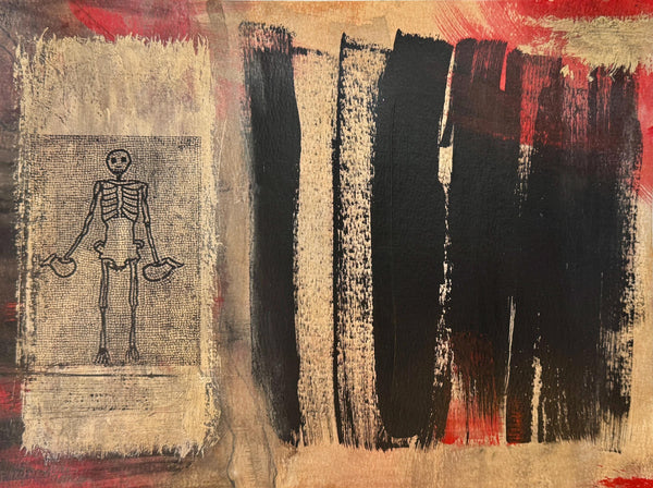 Original Painting Skeleton Artwork, Pompeii Red Black Mixed Media Art on Paper, Gothic Decor, Memento Mori