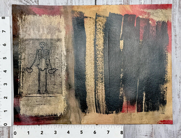 Original Painting Skeleton Artwork, Pompeii Red Black Mixed Media Art on Paper, Gothic Decor, Memento Mori