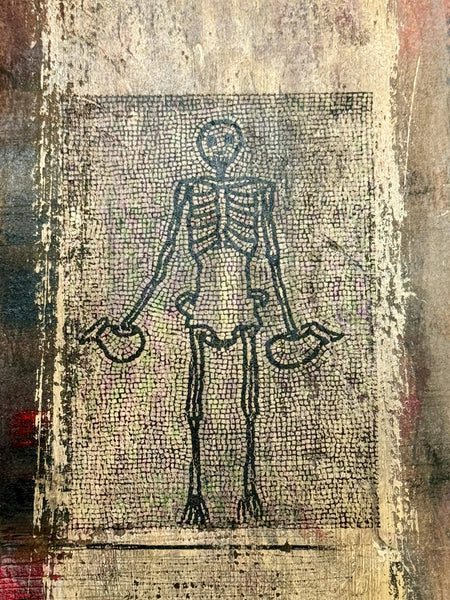 Original Painting Skeleton Artwork, Pompeii Red Black Mixed Media Art on Paper, Gothic Decor, Memento Mori