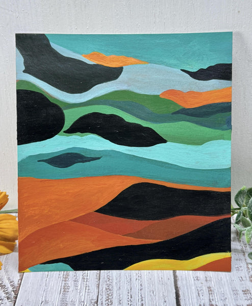 Original Abstract Painting, Bright Art in Turquoise, Green, Orange, Black, Yellow – Acrylic Painting on Paper, Unframed