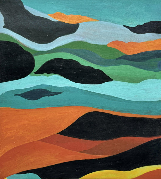Original Abstract Painting, Bright Art in Turquoise, Green, Orange, Black, Yellow – Acrylic Painting on Paper, Unframed