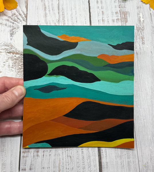 Original Abstract Painting, Bright Art in Turquoise, Green, Orange, Black, Yellow – Acrylic Painting on Paper, Unframed