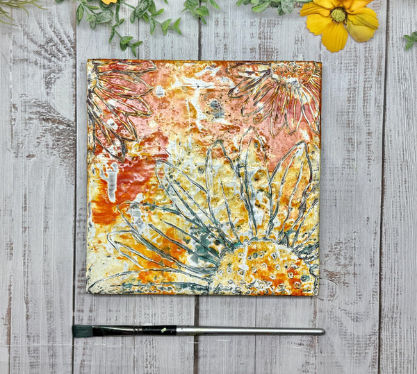 Original Encaustic Painting of Sunflowers, Orange Yellow Art on Wood Cradle Board