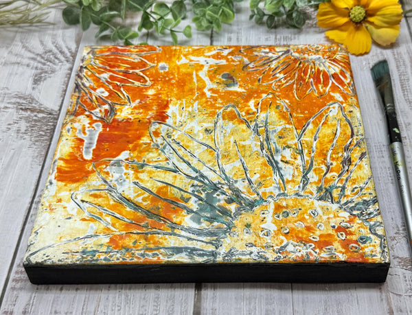Original Encaustic Painting of Sunflowers, Orange Yellow Art on Wood Cradle Board