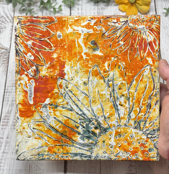 Original Encaustic Painting of Sunflowers, Orange Yellow Art on Wood Cradle Board