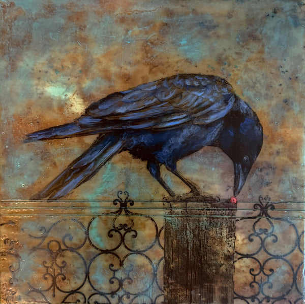 Encaustic Raven Original Painting, Blue Black Brown Mixed Media Art on Wood Cradle Board