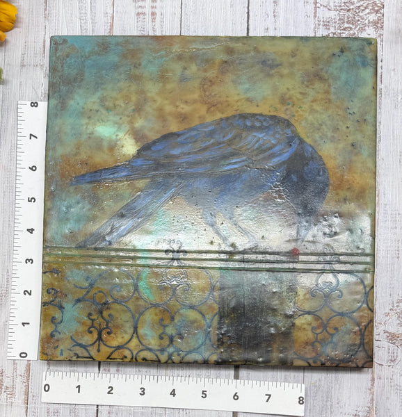 Encaustic Raven Original Painting, Blue Black Brown Mixed Media Art on Wood Cradle Board