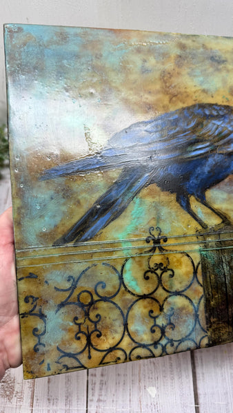 Encaustic Raven Original Painting, Blue Black Brown Mixed Media Art on Wood Cradle Board