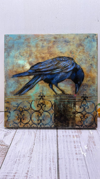 Encaustic Raven Original Painting, Blue Black Brown Mixed Media Art on Wood Cradle Board